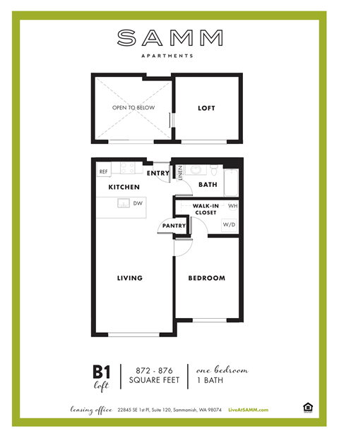 Floor plan for 1 bed, 1 bath, 935 sqft